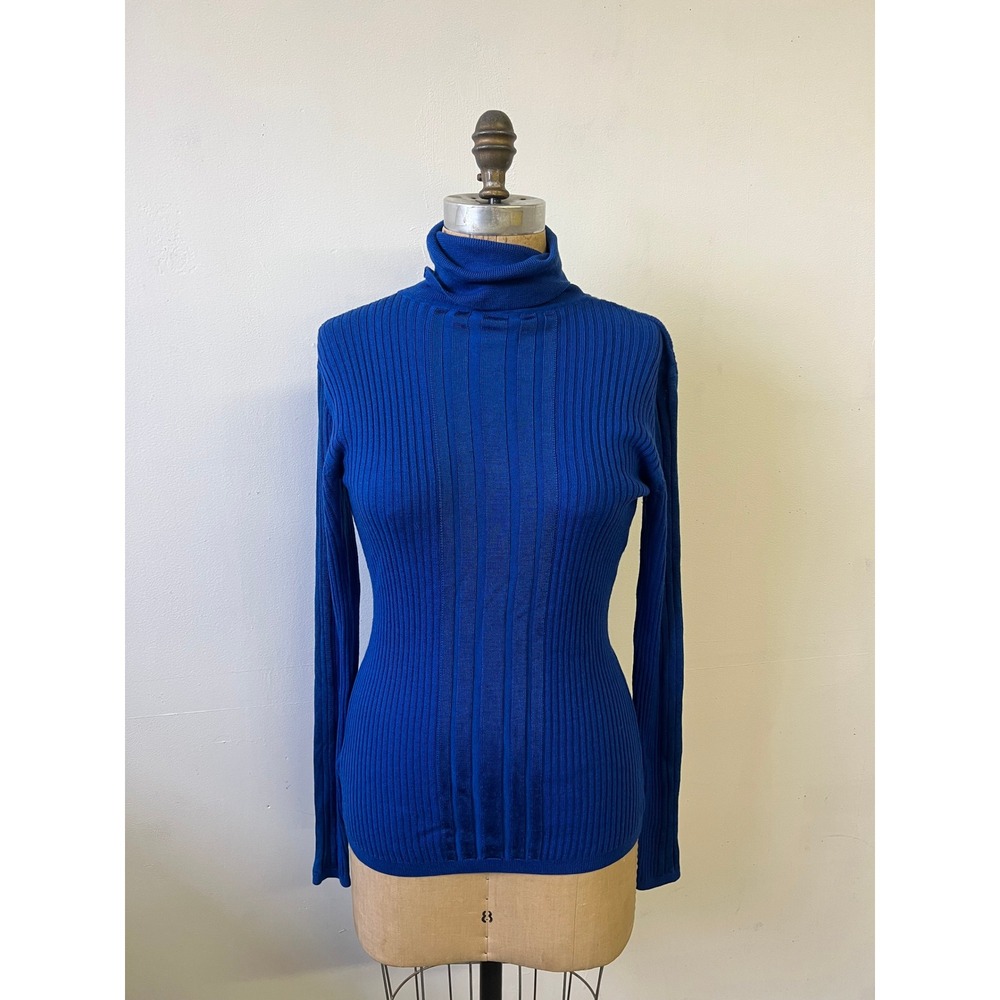 DKNY Royal Blue Merino Wool Blend Ribbed Turtleneck Sweater Womens Medium